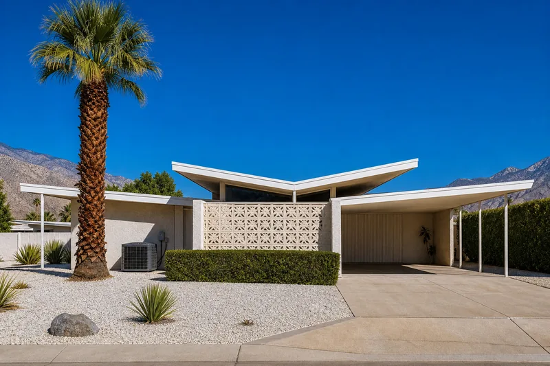 A mid-century modern desert house with a breeze-block screen wall and a condenser unit on a pad beside it.