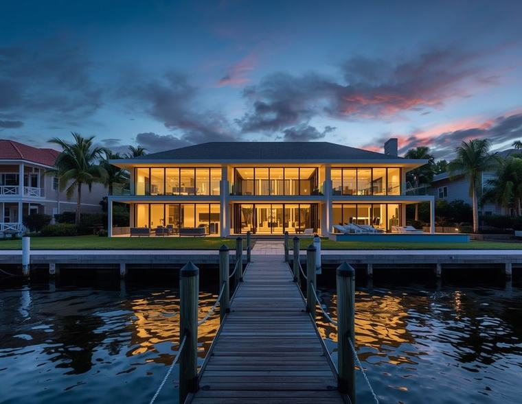 82 Bayshore Reach, a modern waterfront estate at dusk
