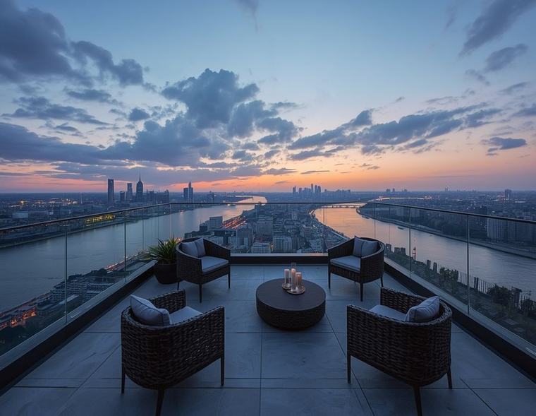 A penthouse terrace with a view down the Hillsborough River