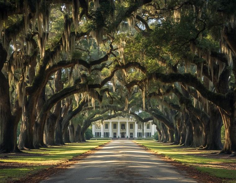 A live oak lined driveway leading to a historic Hyde Park estate