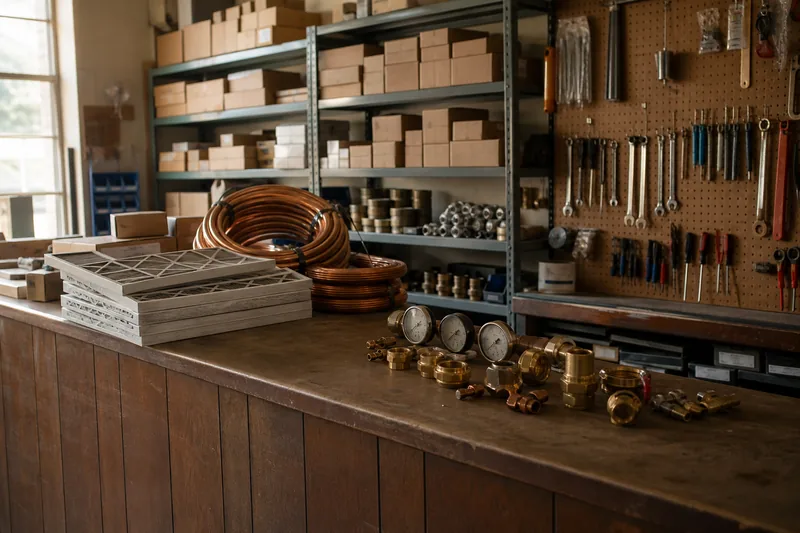 The parts counter of a long-established heating and cooling shop with copper tubing, filters and gauges.