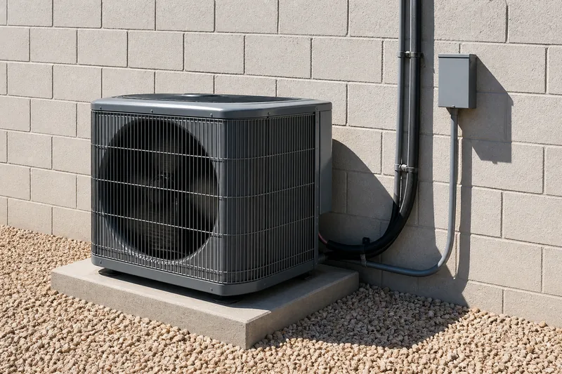 An outdoor condenser unit on a concrete pad against a painted block wall in hard sunlight.