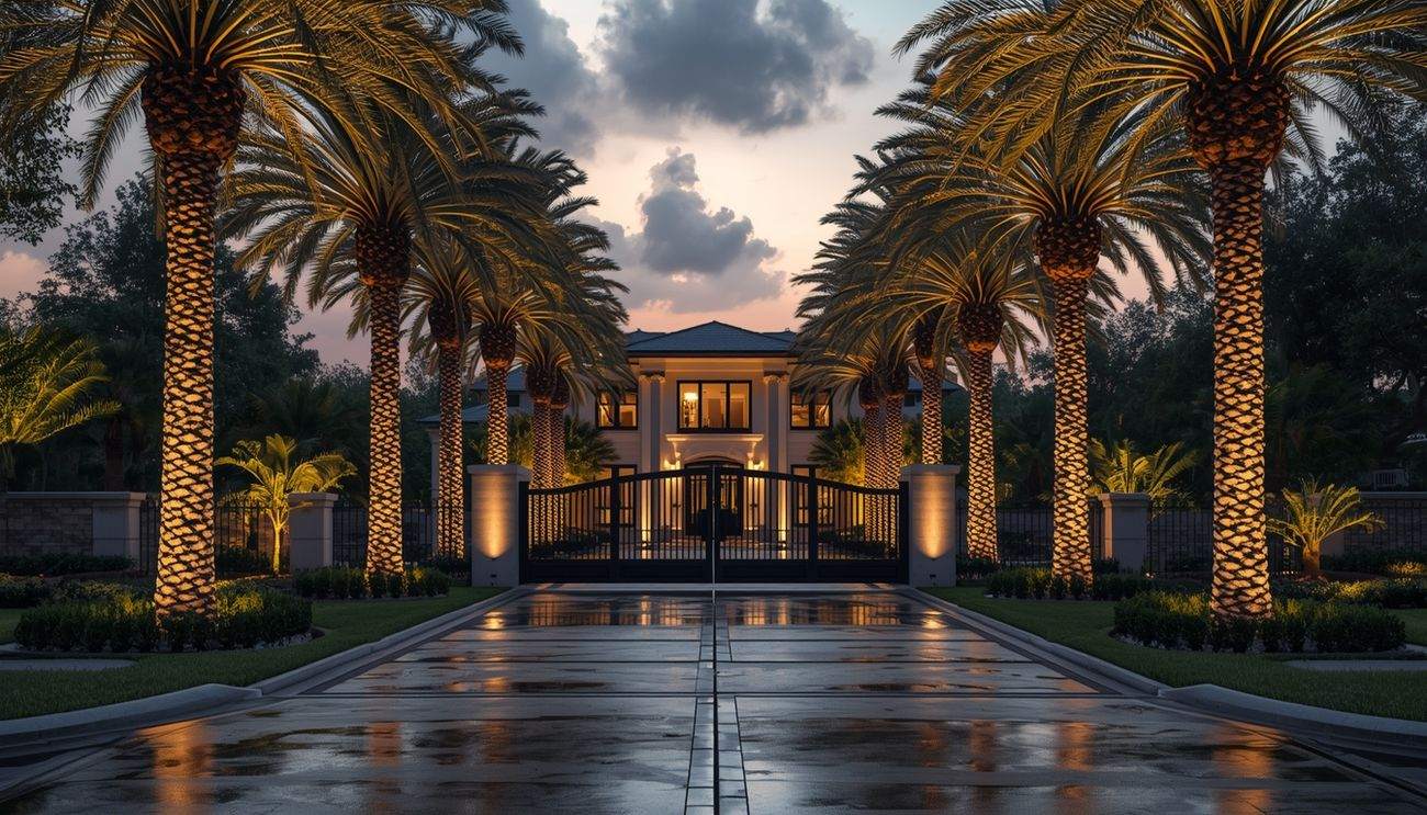 Gated motor court at dusk, lined with royal palms