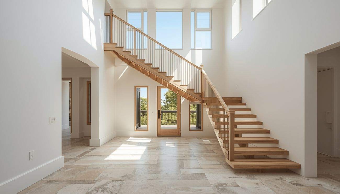 Double-height entry hall with a floating oak stair