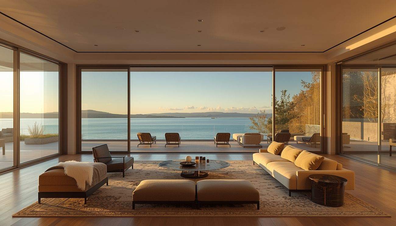 Great room opening through a wall of glass to the water