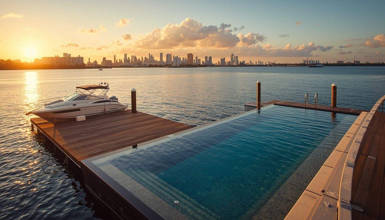 Private dock and infinity edge pool at golden hour